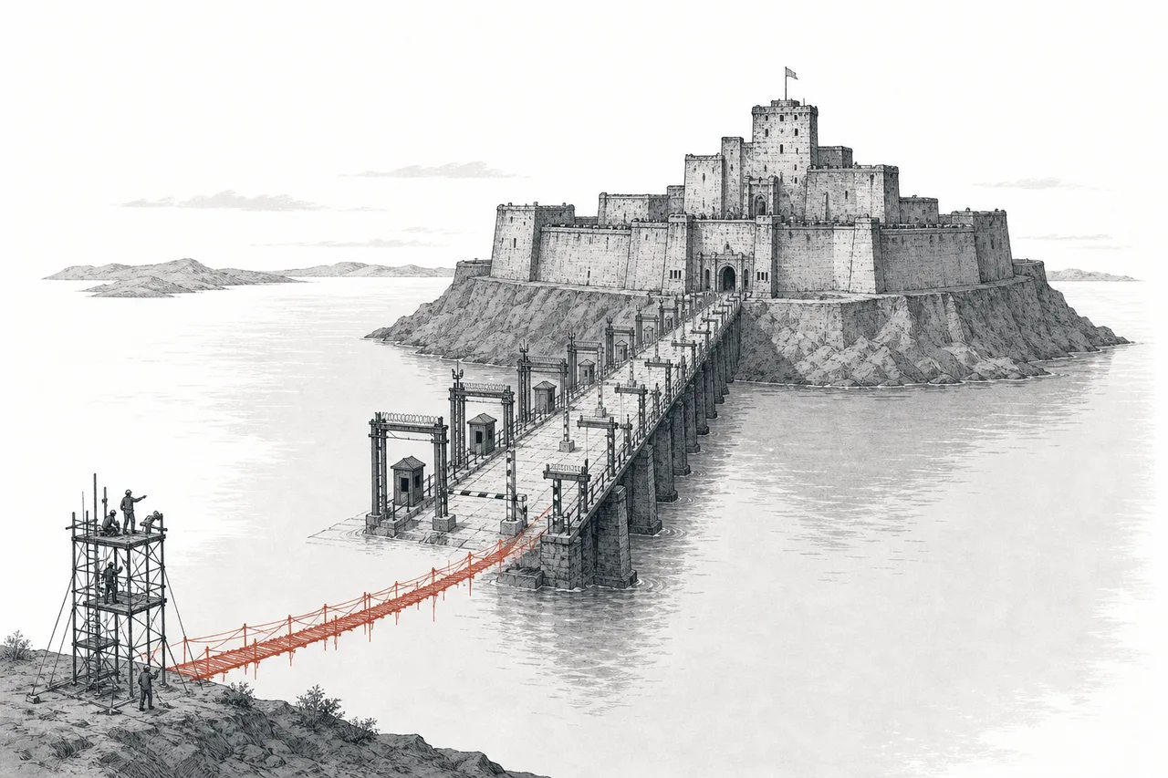A stone castle on an island in a wide moat, with one long formal bridge leading to the gate, and a challenger's light structure building a new bridge across the moat