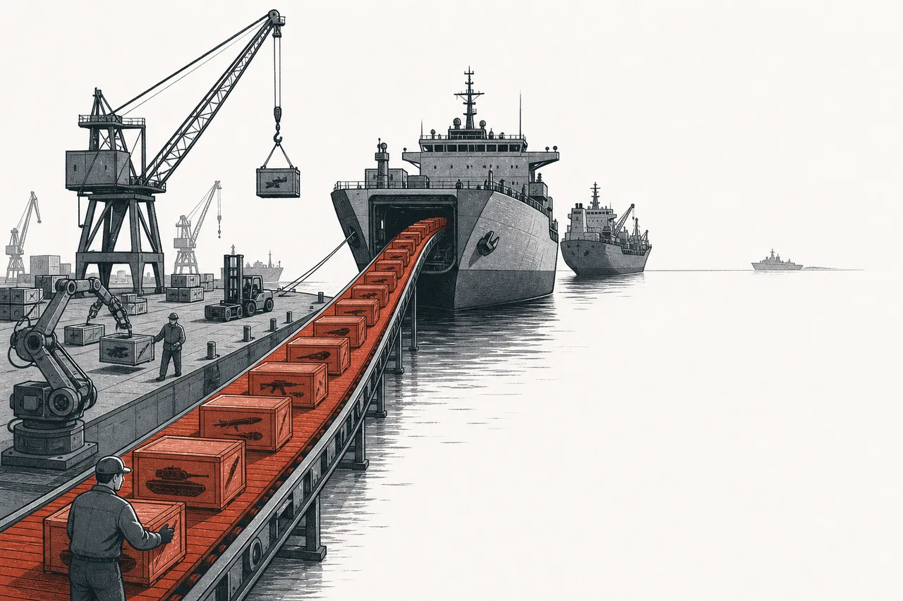 An export port where large numbers of industrial crates are loaded onto cargo ships quickly and systematically, heading out to sea toward overseas customers.