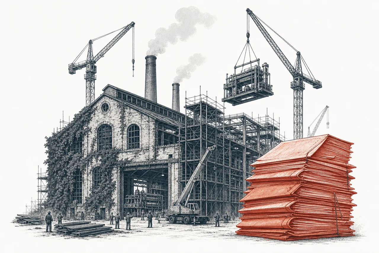 An old industrial plant once left abandoned is waking up and expanding, surrounded by cranes and scaffolding, with a growing pile of orders stacked beside it.