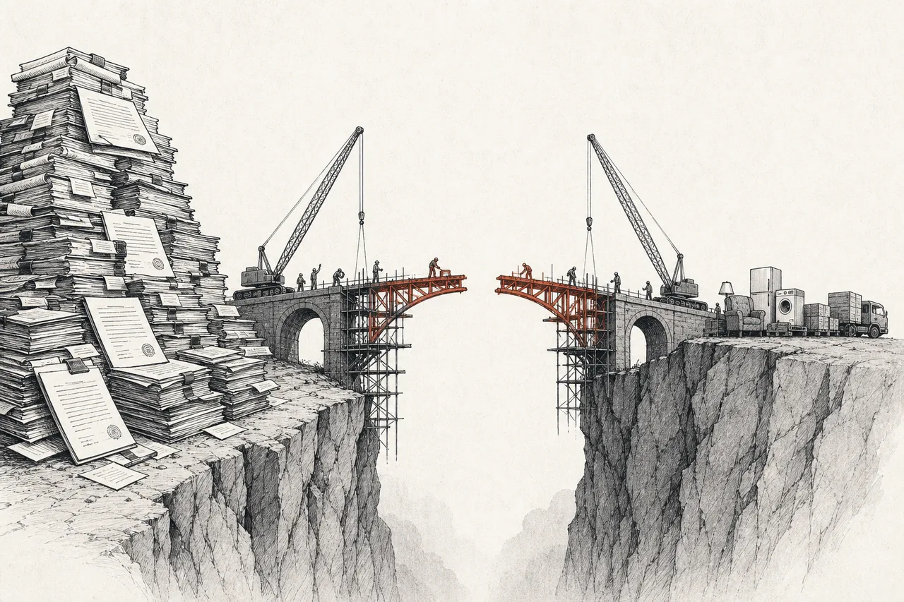 A bridge stretching from a huge pile of orders on one side to actually-delivered goods on the other — but the middle is still unfinished, with a gap left to cross.