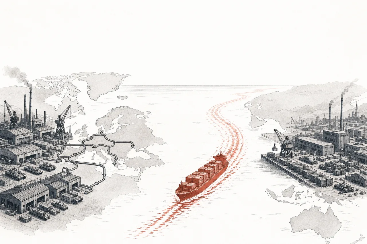 A symbolic world map with two clusters of industrial plants. The European cluster runs flat-out to fill domestic orders; the Asian cluster loads goods onto ships bound for foreign customers far away.