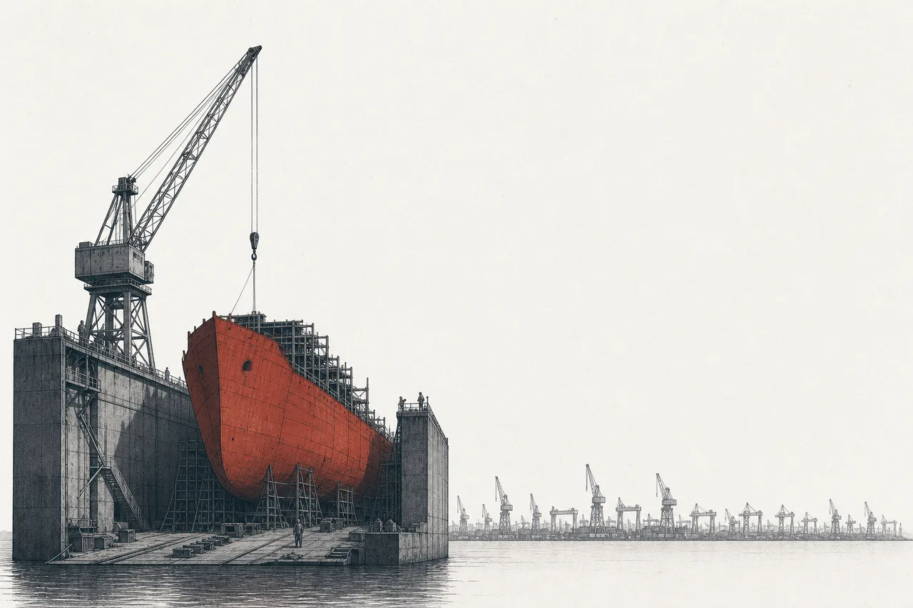 A few old shipyards slowly assembling a single enormous warship, while in the distance dozens of shipyards work at once in a long row