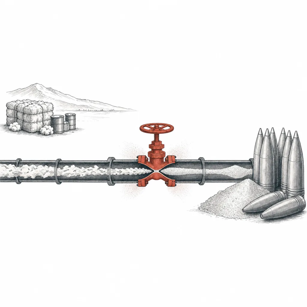 Raw material from a distant source flows through a single narrow valve before becoming propellant and shells.