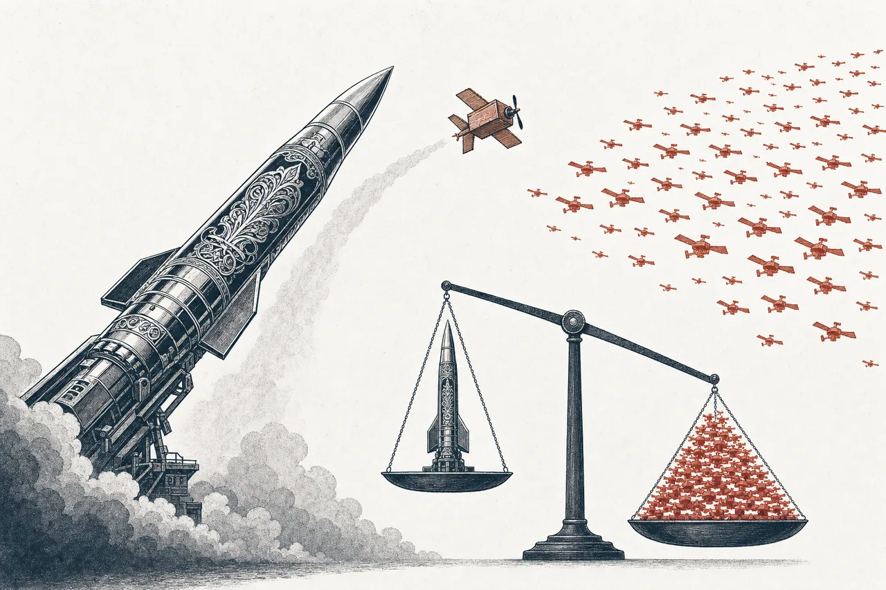 A big, expensive interceptor missile is fired at a tiny, cheap paper drone, with a whole swarm more waiting behind it — conveying how it doesn't add up.