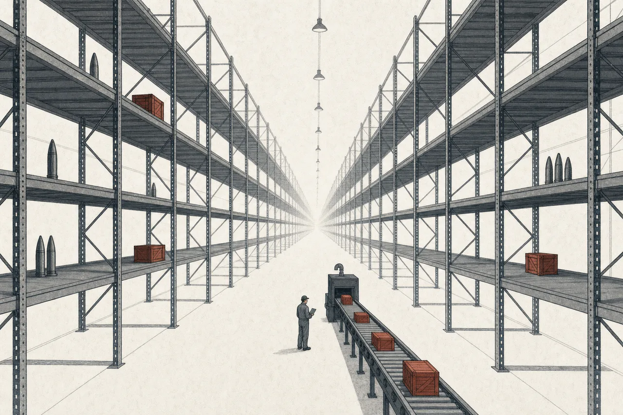 A massive arsenal with nearly empty shelves; a tiny worker stands beside a conveyor belt slowly feeding ammunition back in.