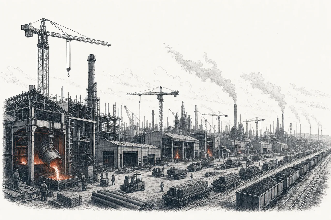 An industrial landscape where several weapons factories are being built and brought online simultaneously, with cranes and furnaces blazing.