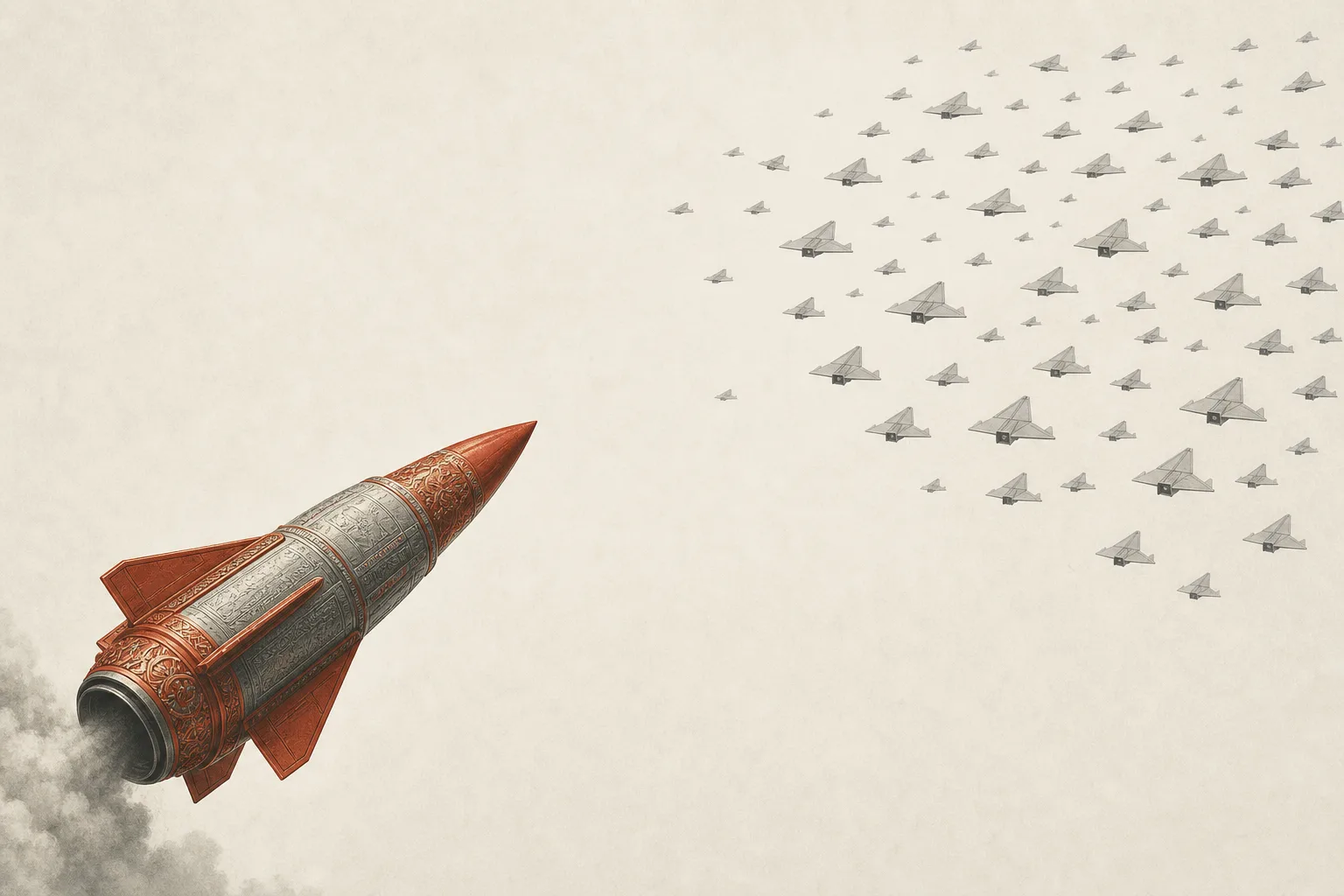 A single large, expensive interceptor missile charging toward a swarm of cheap, small paper drones — depicting how it doesn't pay to shoot expensive things at cheap ones.