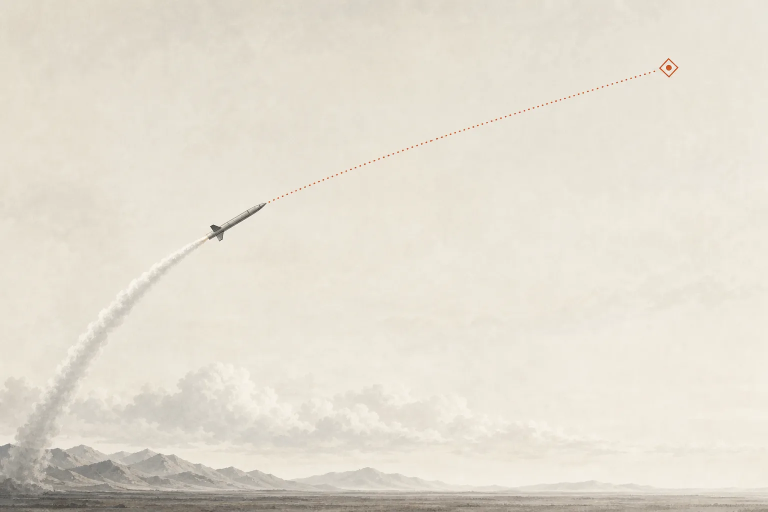 A guided missile rising in a single arc across a wide sky, with a thin guidance line drawn from its nose to a distant target point — depicting a weapon that sees its target and turns toward it on its own.