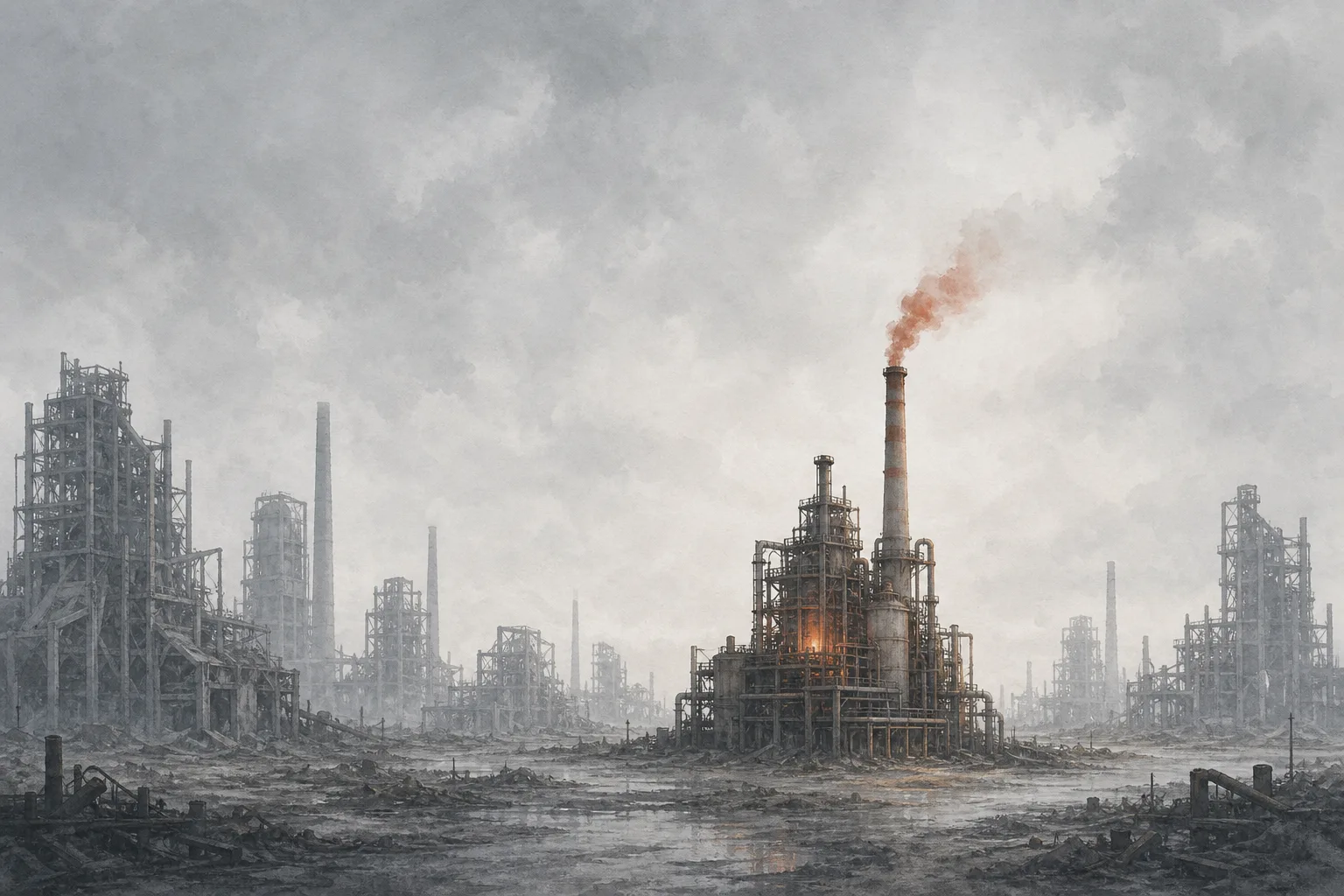 An old chemical plant, the only one whose smokestack is still working, surrounded by several abandoned, derelict plants — conveying that explosives-production capacity left is very small.