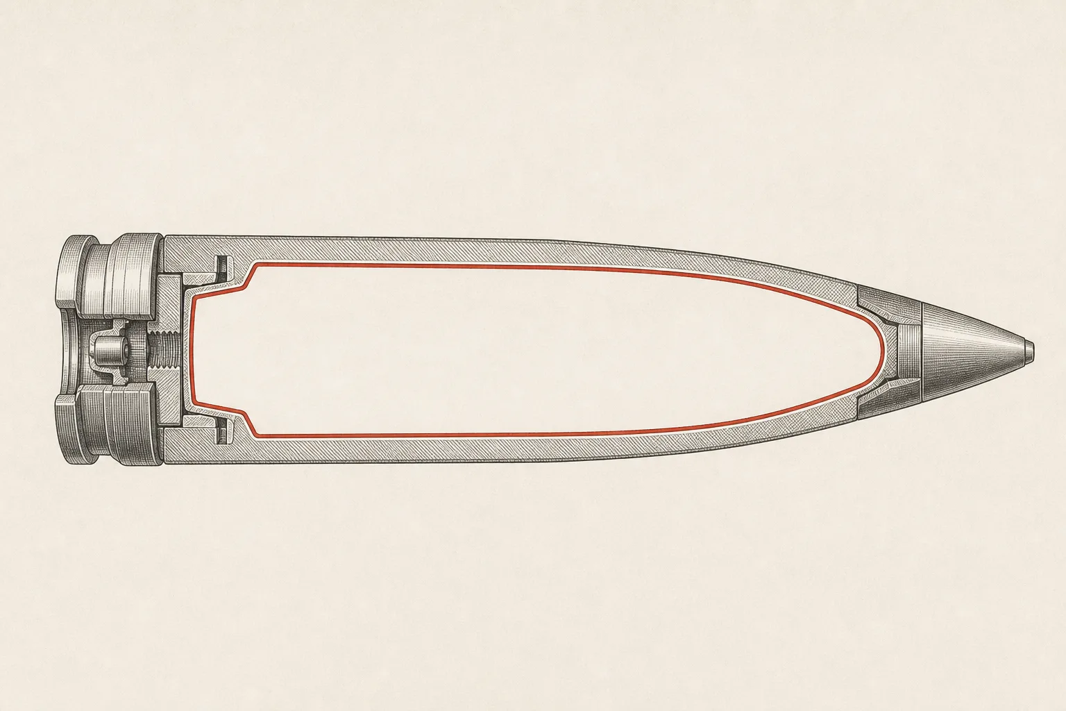 A cross-section of an artillery shell whose steel casing looks simple, but the central cavity that should hold propellant and explosives is empty — conveying that the shell is ready but the filling is missing.