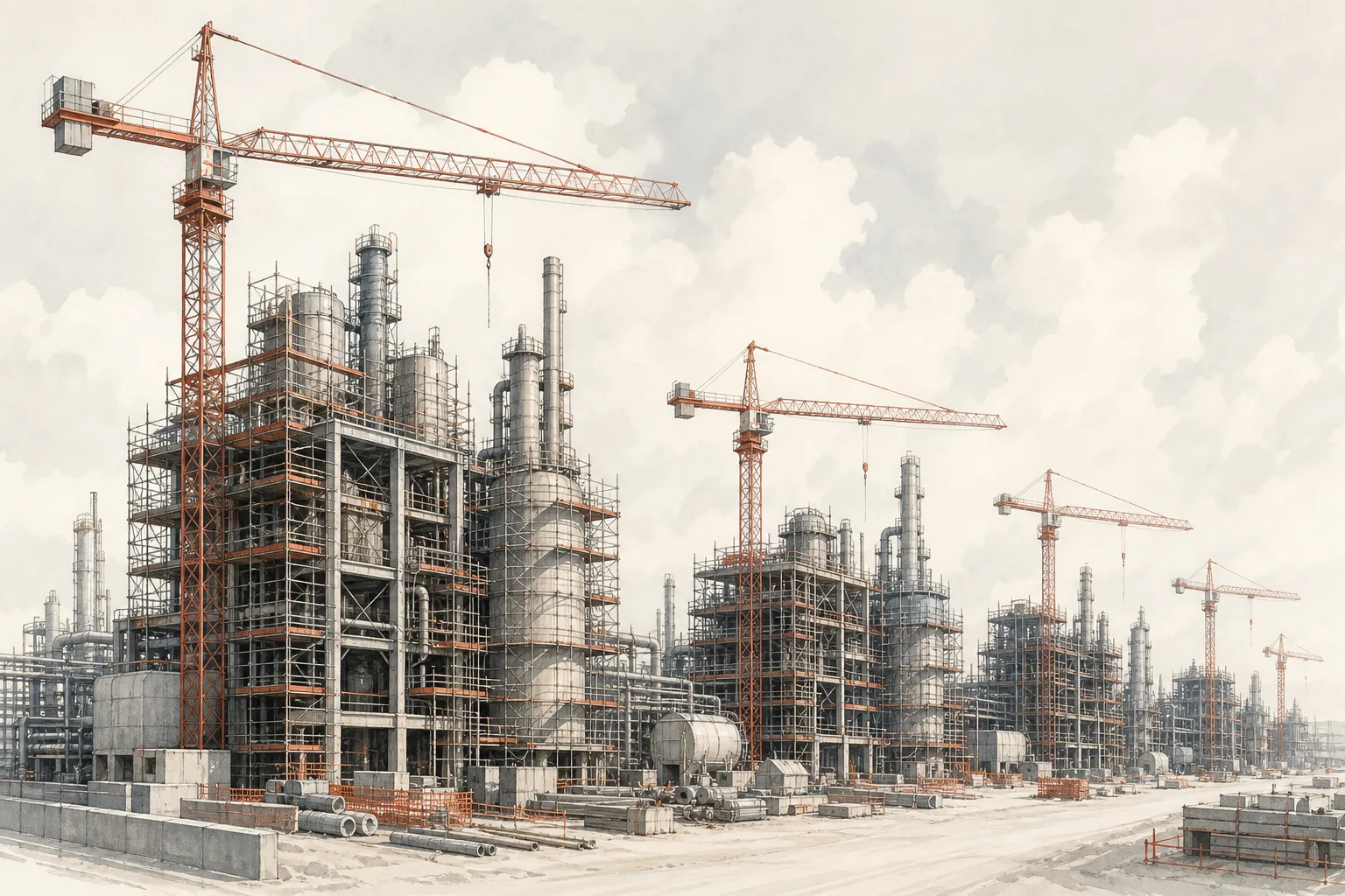 Several new chemical plants being built at once, with scaffolding and cranes — conveying the move to bring explosives production back home.