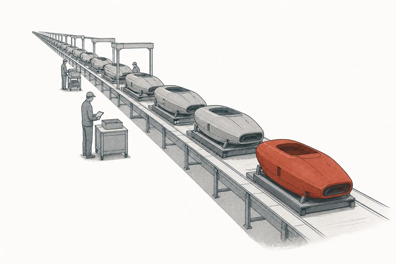 A long car-factory-style production line, with sleek unmanned aircraft coming off the end and lining up in rows — producing weapons with mass-production logic