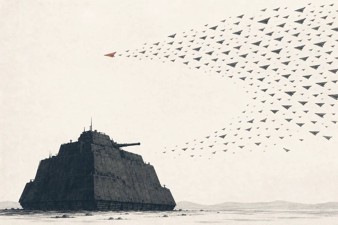 A single huge steel tank stands motionless in the center of the frame while a countless swarm of tiny paper drones closes in around it — a few expensive things surrounded by a mass of cheap ones
