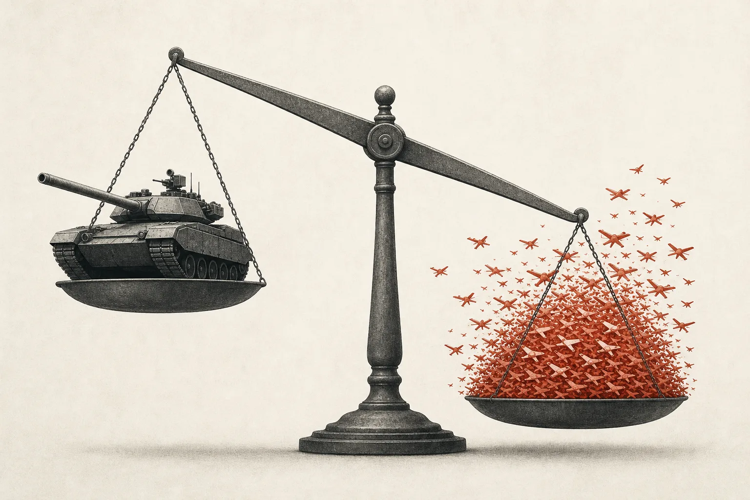A two-pan scale: on one side sits a single massive steel tank, on the other countless tiny paper drones, and the drone side presses the scale down — many cheap things outweighing a few expensive ones.