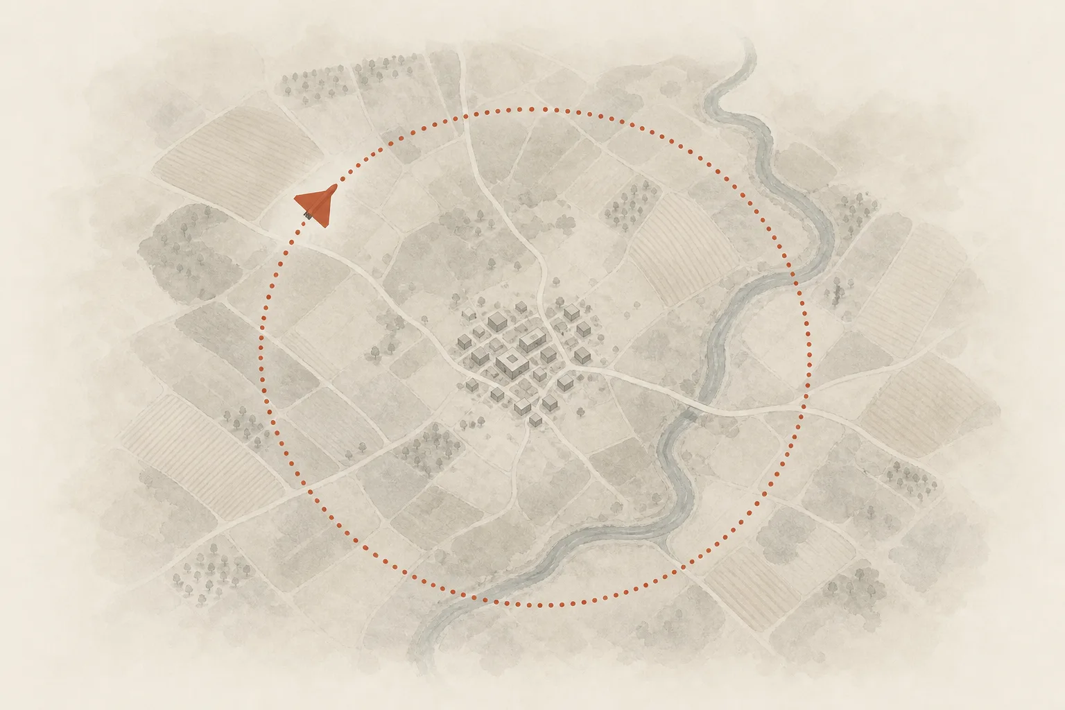 A simple delta-wing drone circles in a loop above terrain seen from above, its flight path a dashed circle, conveying it loitering to search for a target before diving down.
