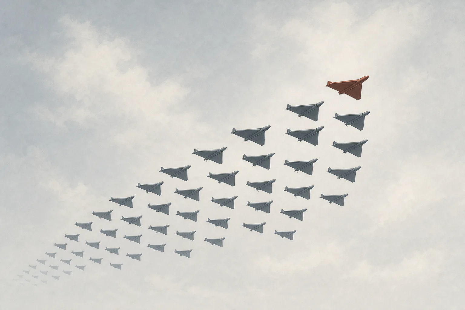 Many triangular drones fly in a coordinated formation across an open sky, with one lead drone highlighted in a different color, conveying a swarm that splits up the work and coordinates itself with AI.