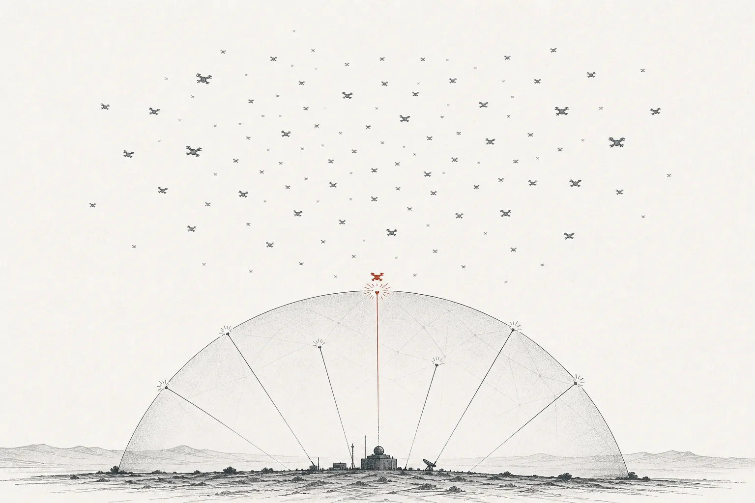 A thin, translucent dome or canopy spreads over an area while many tiny dots fly in from above, each caught and cut down one by one by thin lines reaching up from the ground — depicting layered defense against a swarm of drones.