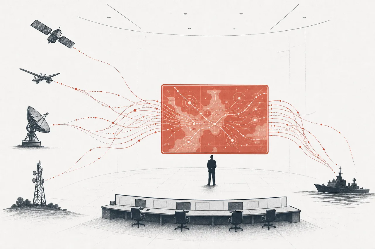 A command room with a large map display in the center, where countless lines of sensor data flow in and converge into one image