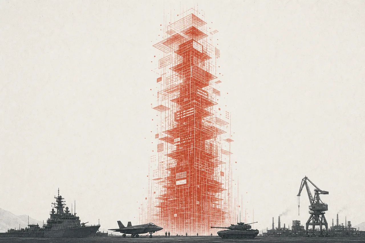 A massive software pillar towering over a landscape of traditional factories and warships that now look small, signaling software overtaking hardware