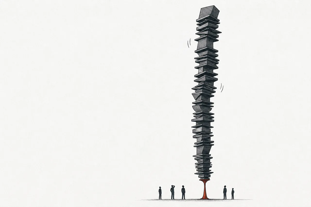 A tall, slender tower barely balancing on a narrow base, signaling a very high valuation sitting on a concentrated revenue base