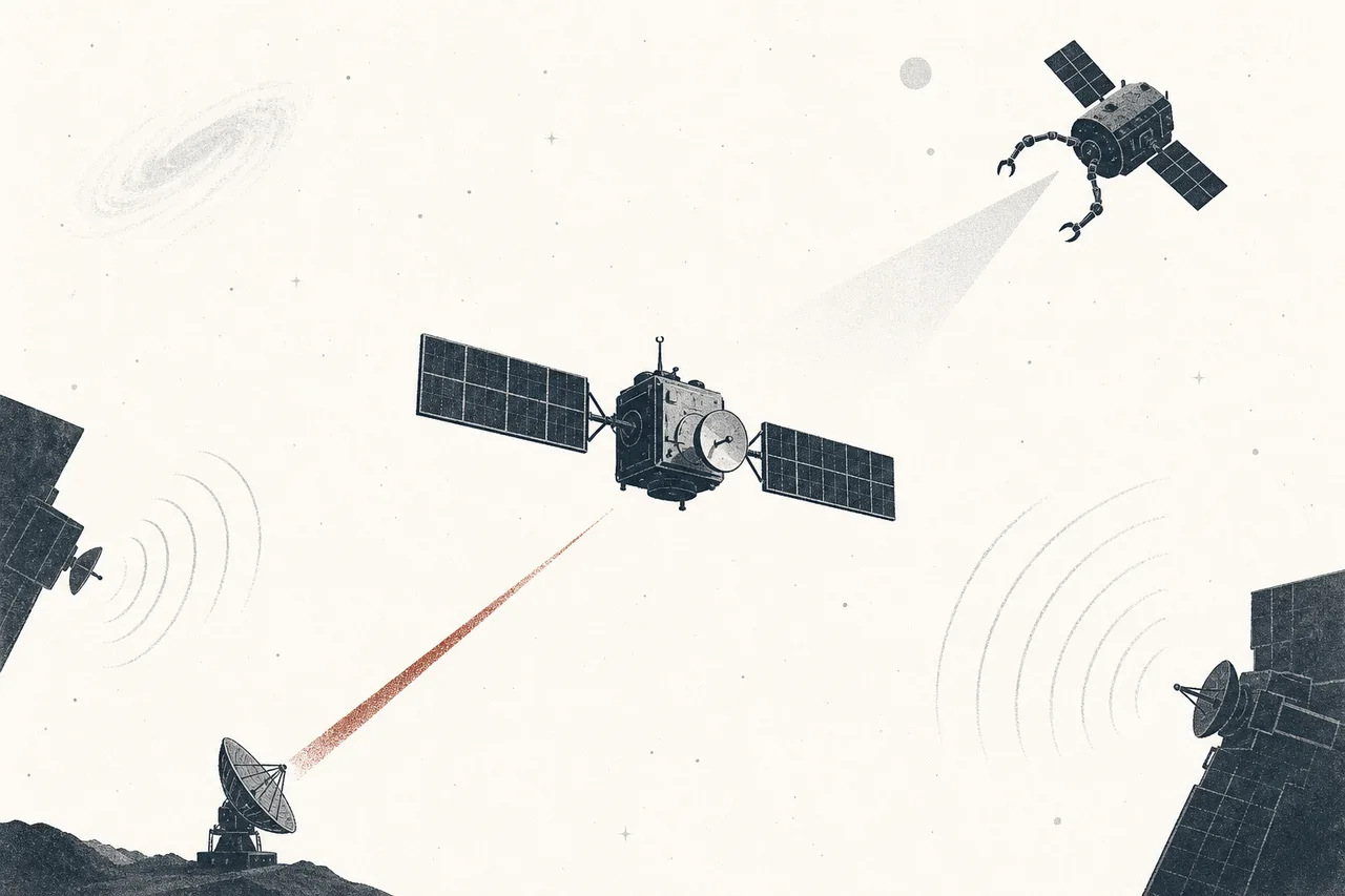 A civilian satellite working quietly in space, with the shadow of a strange object slowly drifting in close — a sign that space is no longer a safe place.