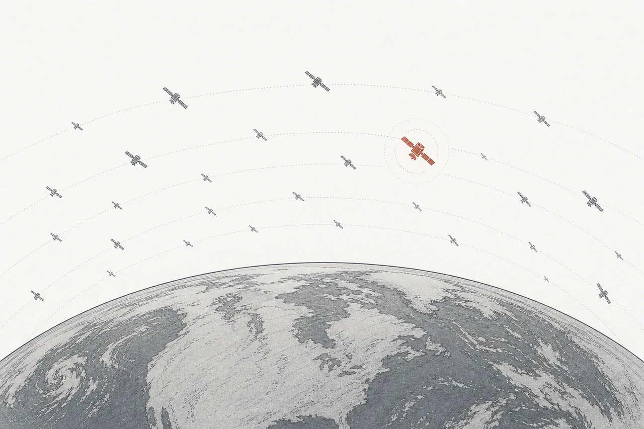 Earth seen from space, with many tiny satellites watching around the horizon, one of them glowing bright as a sentinel.