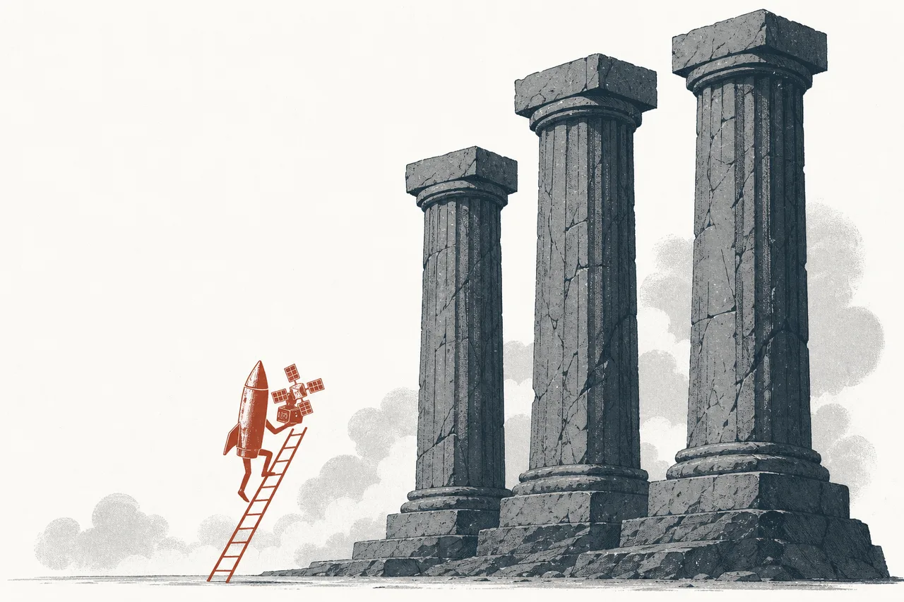 A small newcomer space company climbing a ladder to stand shoulder-to-shoulder with the giant ancient stone pillars that represent the big defense primes.