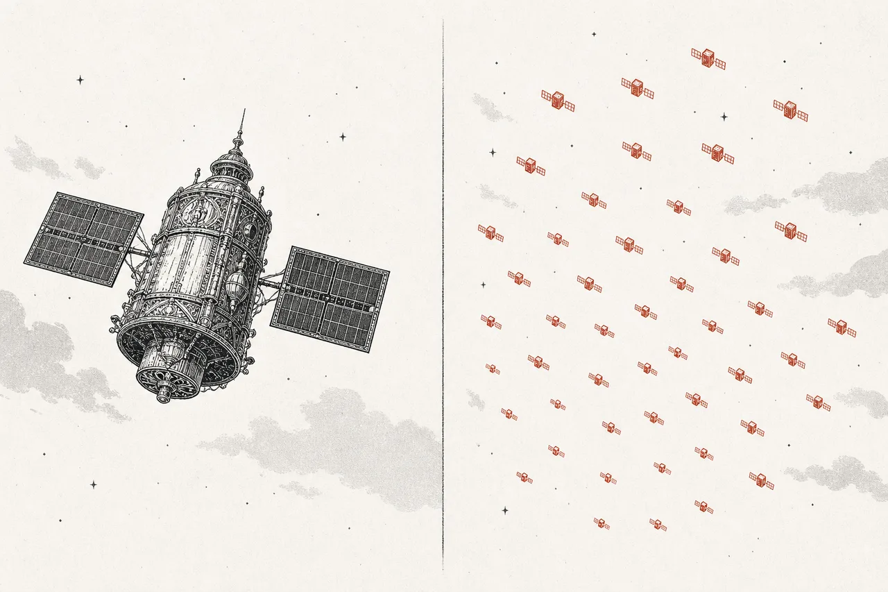A comparison between owning just one expensive giant satellite and spreading out a large number of cheap small satellites.