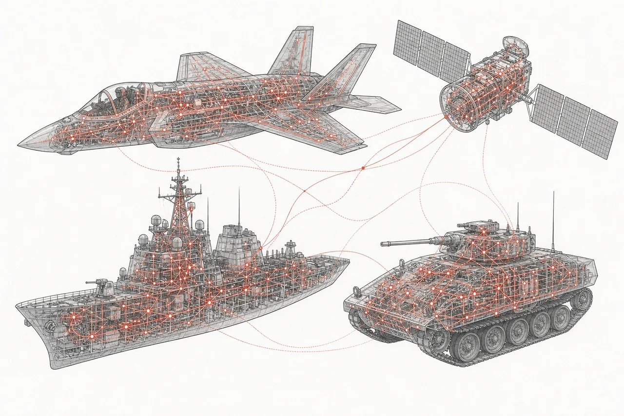 A cutaway of several military platforms, revealing the network of electronics, wiring, and sensor nodes embedded inside like a nervous system.