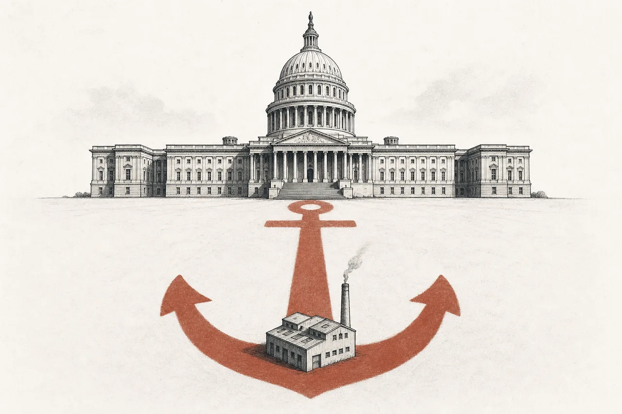 A huge capitol building casting its shadow in the shape of an anchor, propping up a small plant that's just starting to run, suggesting the state as a steadying anchor