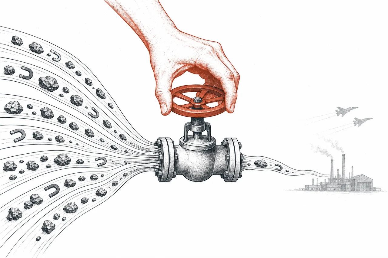 Many streams of raw material converging on a single narrow valve, with a hand turning to shut it, before flowing on to a downstream weapons plant