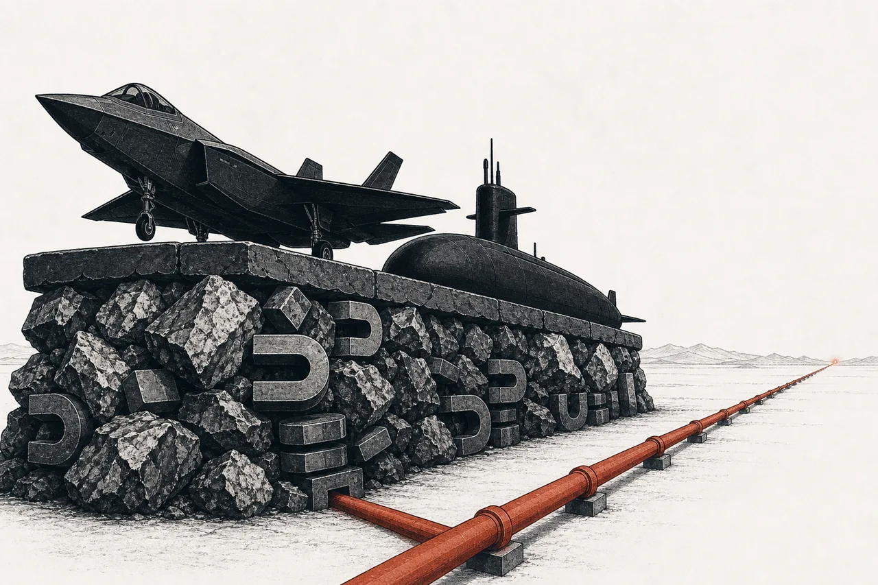 A massive fighter jet and submarine sitting on a base made of ore and magnets, with a single pipeline of raw material running back to the far edge of the frame
