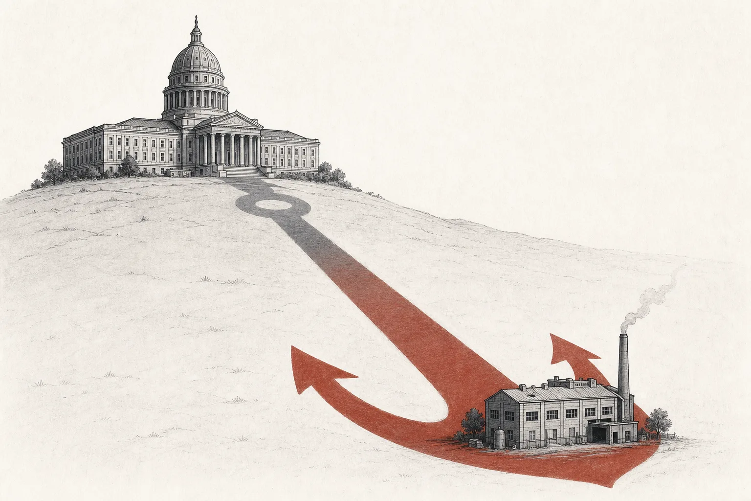 A massive capitol building casts a shadow in the shape of a ship's anchor, propping up a small magnet factory that's just starting to run — conveying the state stepping in to anchor a domestic plant.