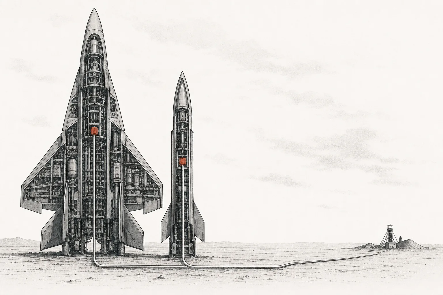 Enormous missiles and fighter jets tower upward, but inside each one a single small magnet glows like a heart, with one thin pipe of raw material running all the way back to a mine at the far edge of the frame.