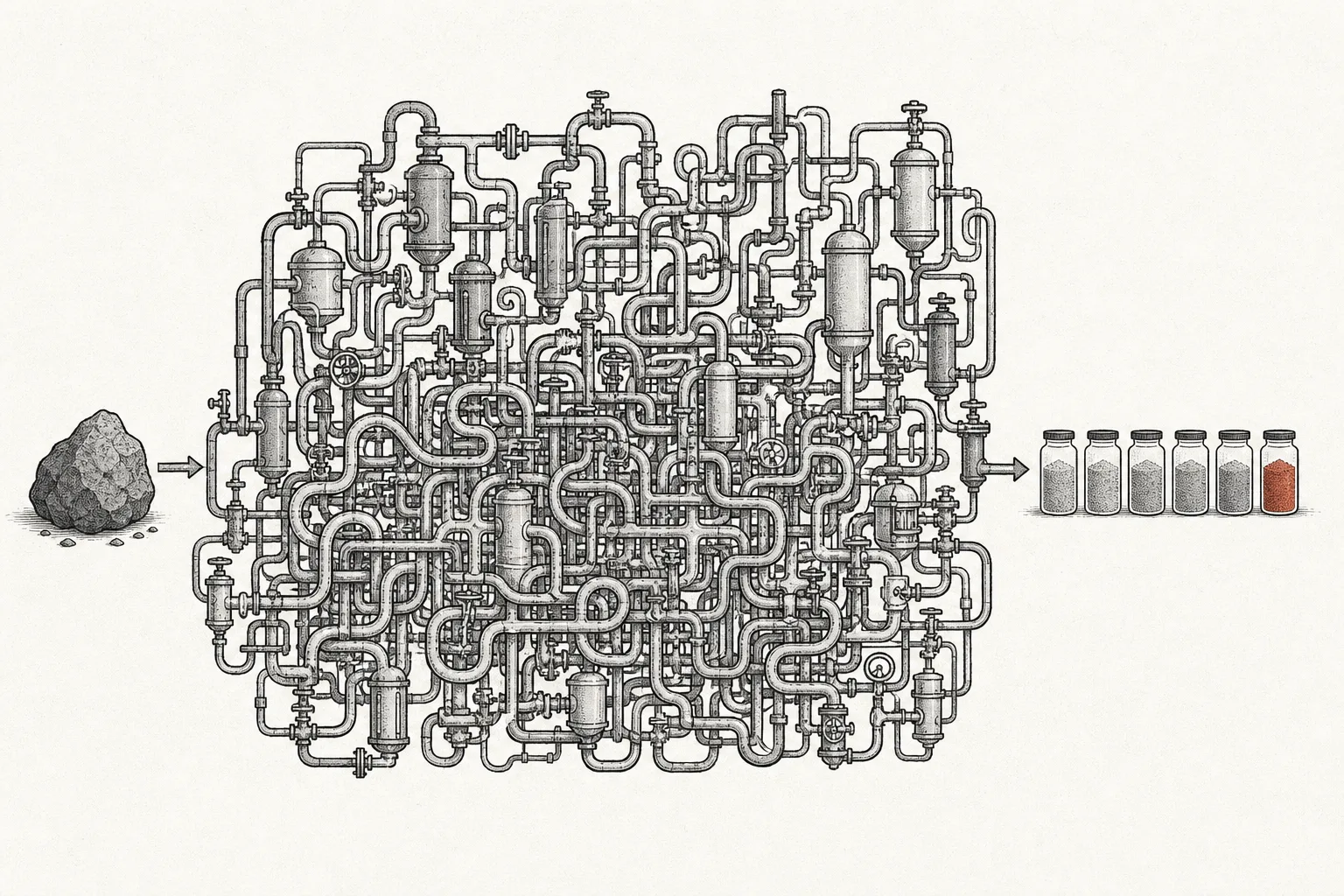 A single chunk of raw ore is fed into a maze of complex, winding pipes and chemical tanks, and out the other end comes pure metal powder lined up neatly — conveying how hard separation is.