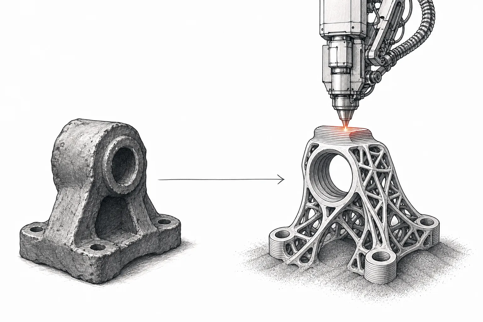 A metal 3D-printer head builds a complex mechanical part layer by layer from metal powder, with a larger, rougher traditional cast part placed beside it for comparison, conveying a new shortcut that breaks the shaping bottleneck