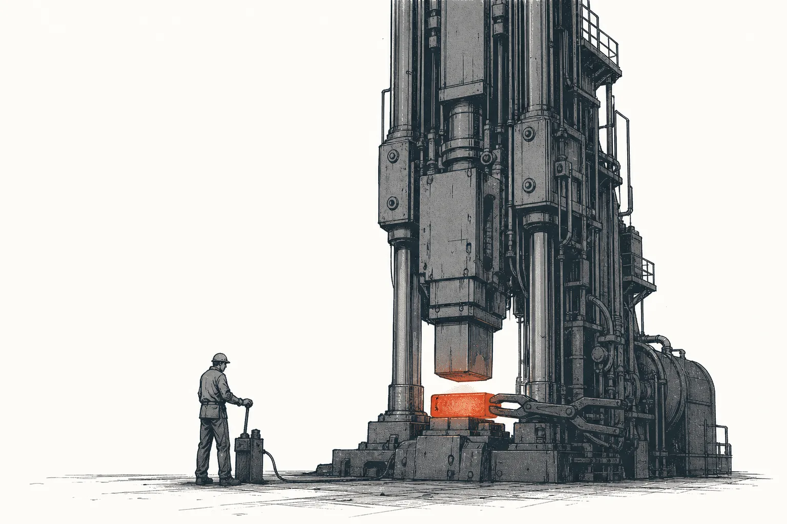 A craftsman operating a giant forging press that is hammering a glowing red-hot metal bar, conveying the expertise and sheer scale of shaping a defense part