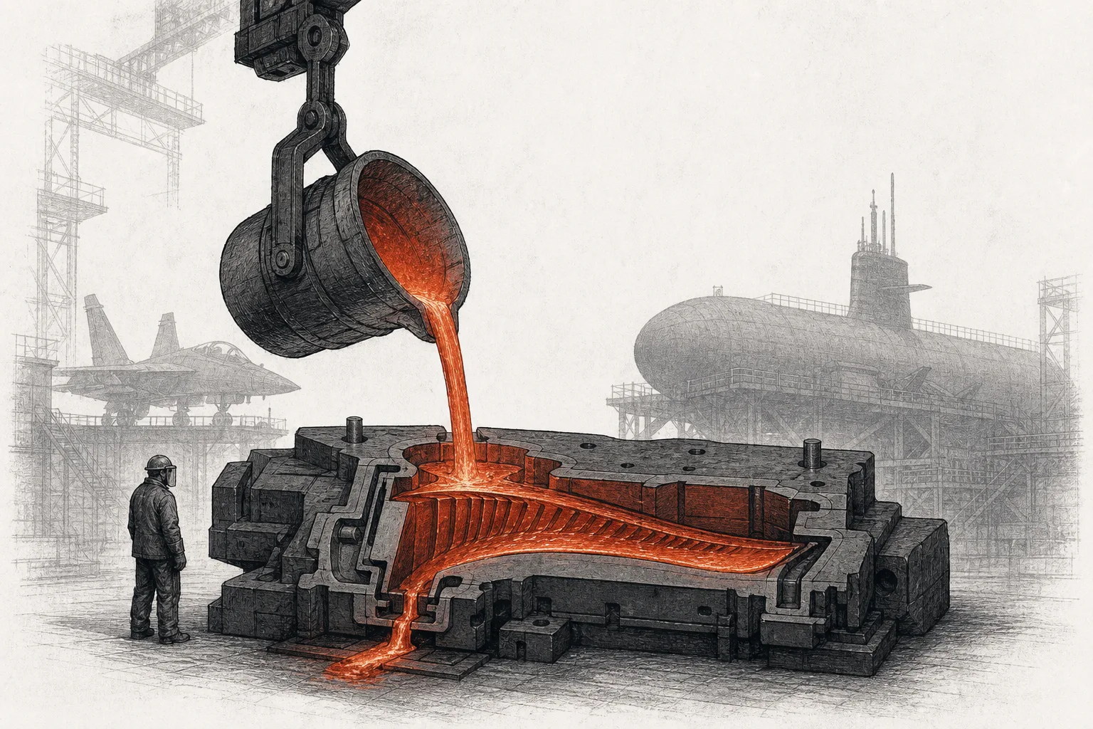 Inside a large metal foundry, molten metal is being poured into a giant mold that will become a fighter-jet part, with the shadows of an aircraft and a submarine looming in the background