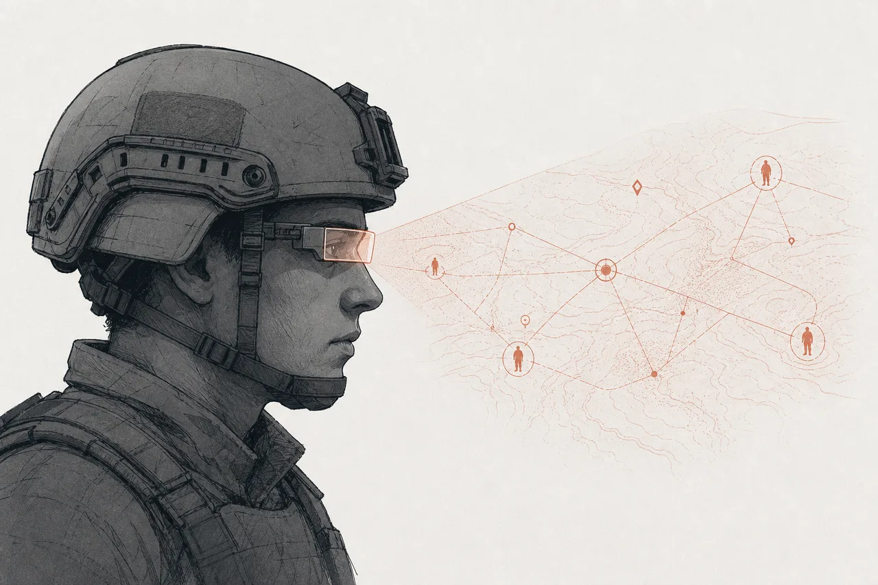 A close-up of a helmet and face-mounted display, with map information and faint symbols floating within the field of view