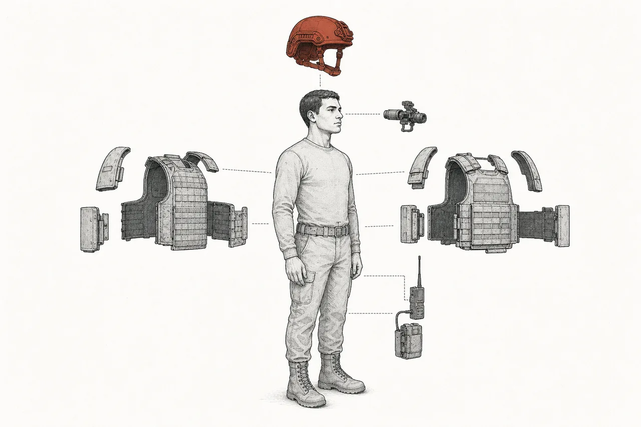 A single soldier stands still in the center, with layers of protective gear and sensors stacked around the body as if being assembled one piece at a time