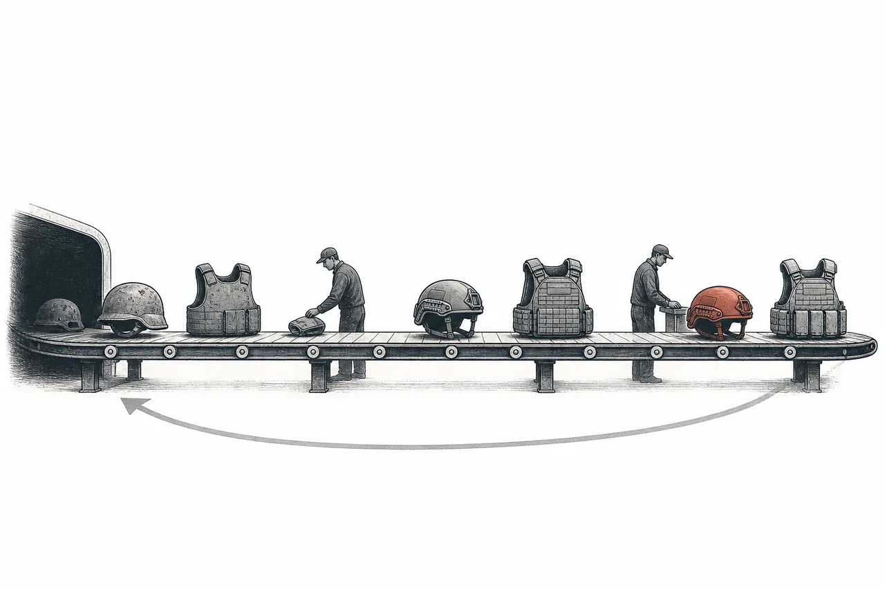 A conveyor belt carrying an old set of soldier gear out one side and bringing a newer, more modern set in the other side