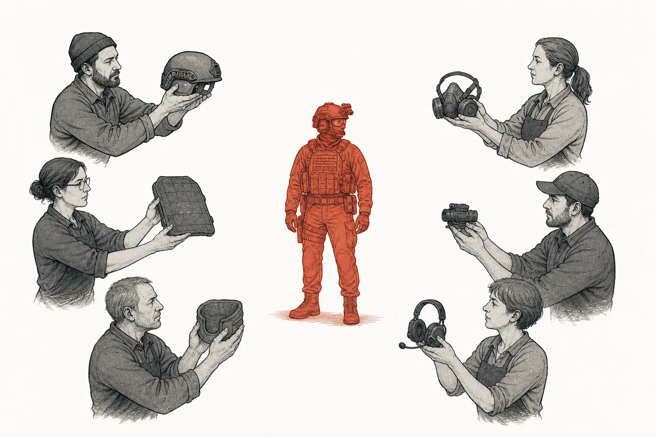 Several small specialist makers each hold a different piece of protective gear, combining them into one soldier's complete kit