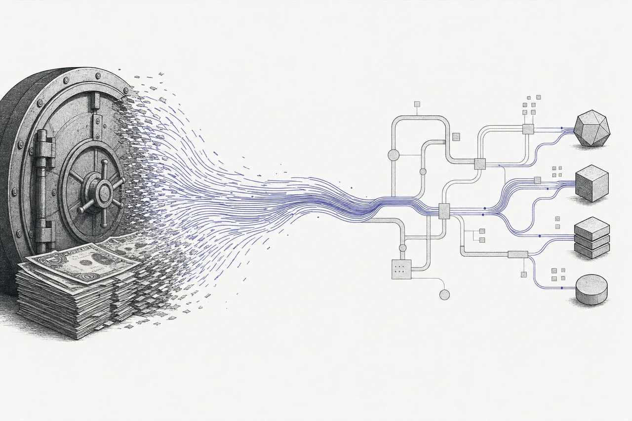 Old paper money and gold bars melting into a stream of glowing circuit lines flowing through digital pipes