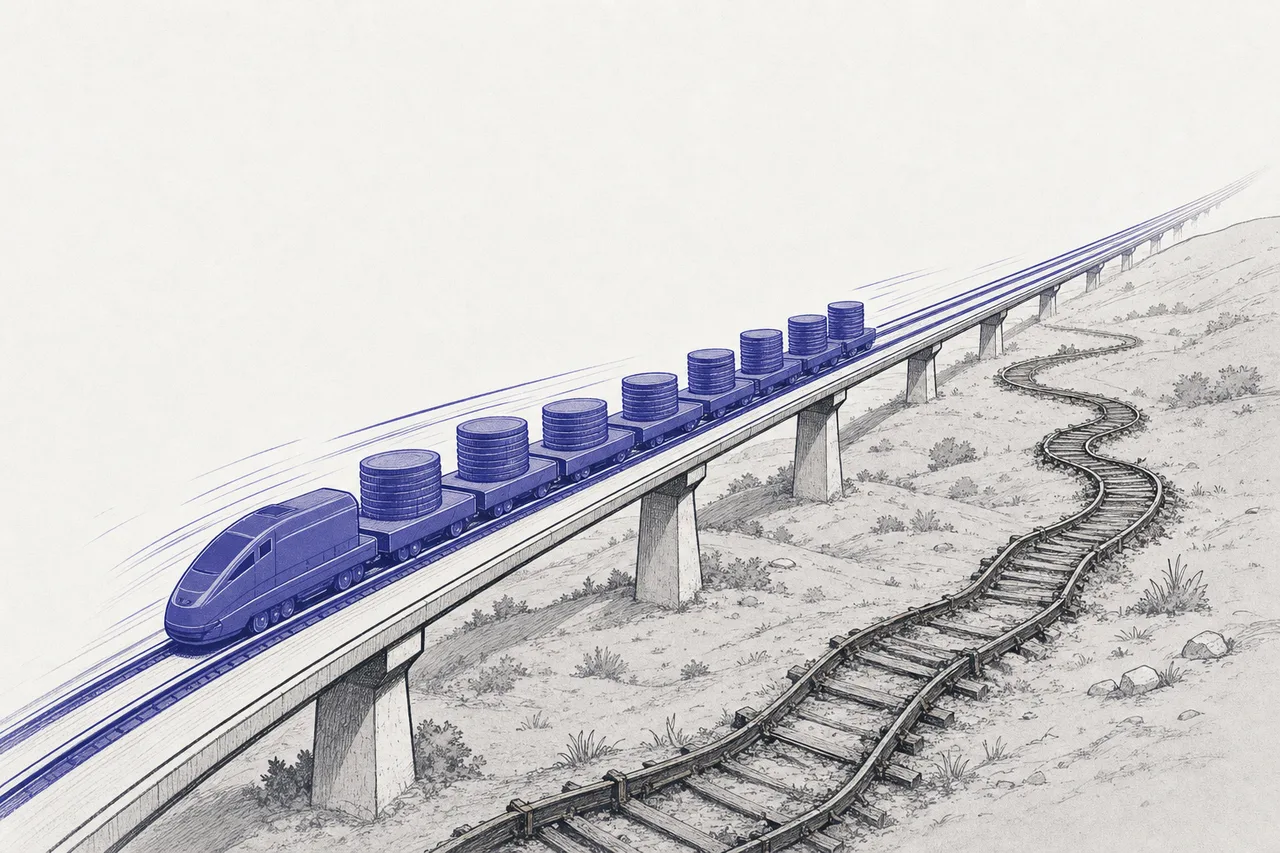 A smooth, straight new digital railway running alongside an old, winding, slower iron rail, with a train of money racing along the new track