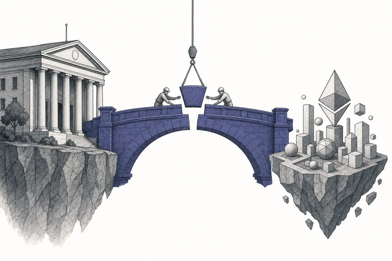 A classic capitol-style stone bridge being built to connect the old world of finance with a new digital island floating offshore
