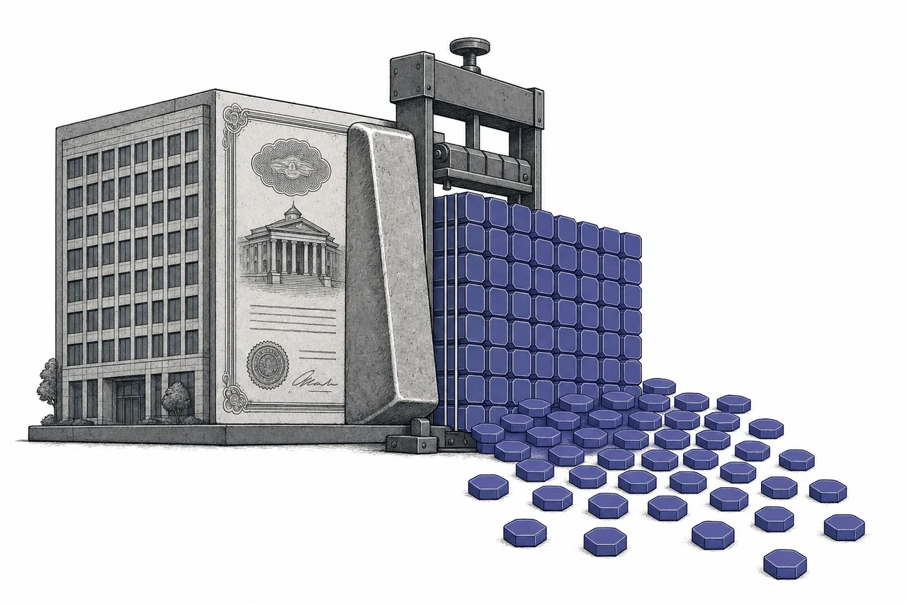 Buildings, bonds, and gold bars being turned into small square tokens lined up in neat rows