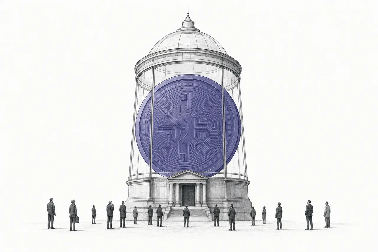 A company shaped like a giant piggy bank, holding a single huge whole bitcoin coin, standing prominently in the middle of the stock market