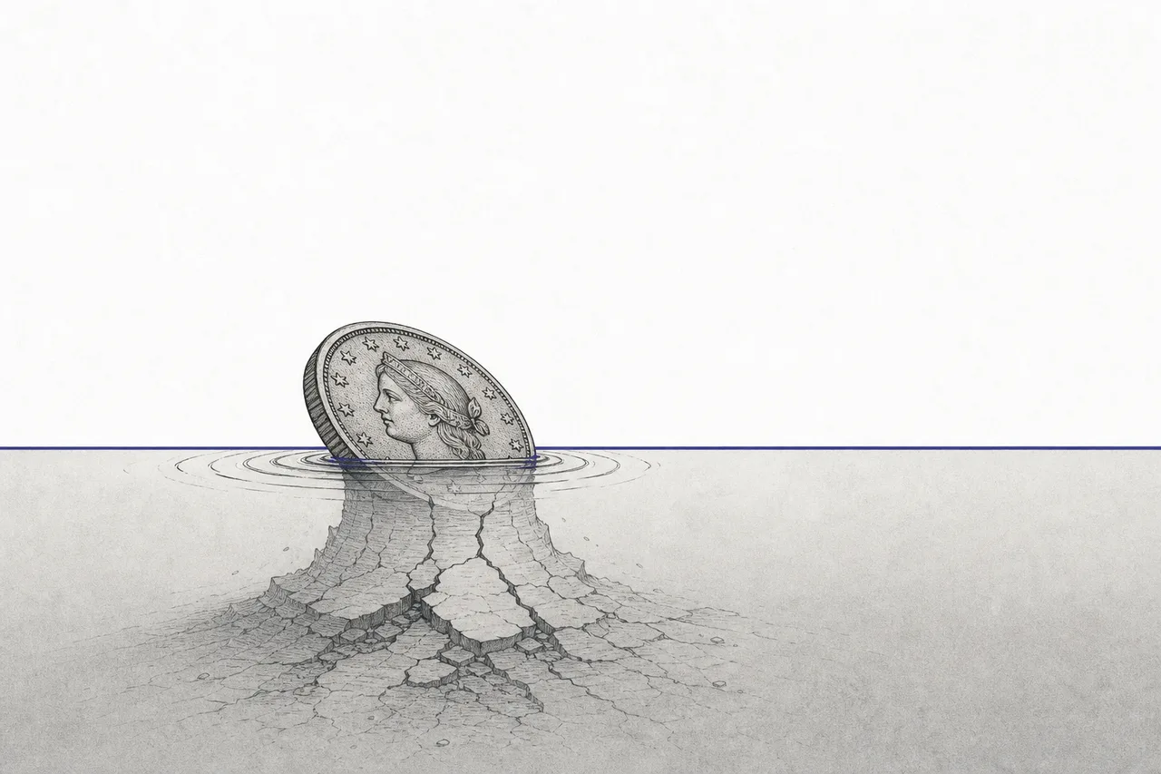 A digital dollar coin that should be floating still on the waterline instead tilts and sinks slightly below it, reflecting the fragility of the peg