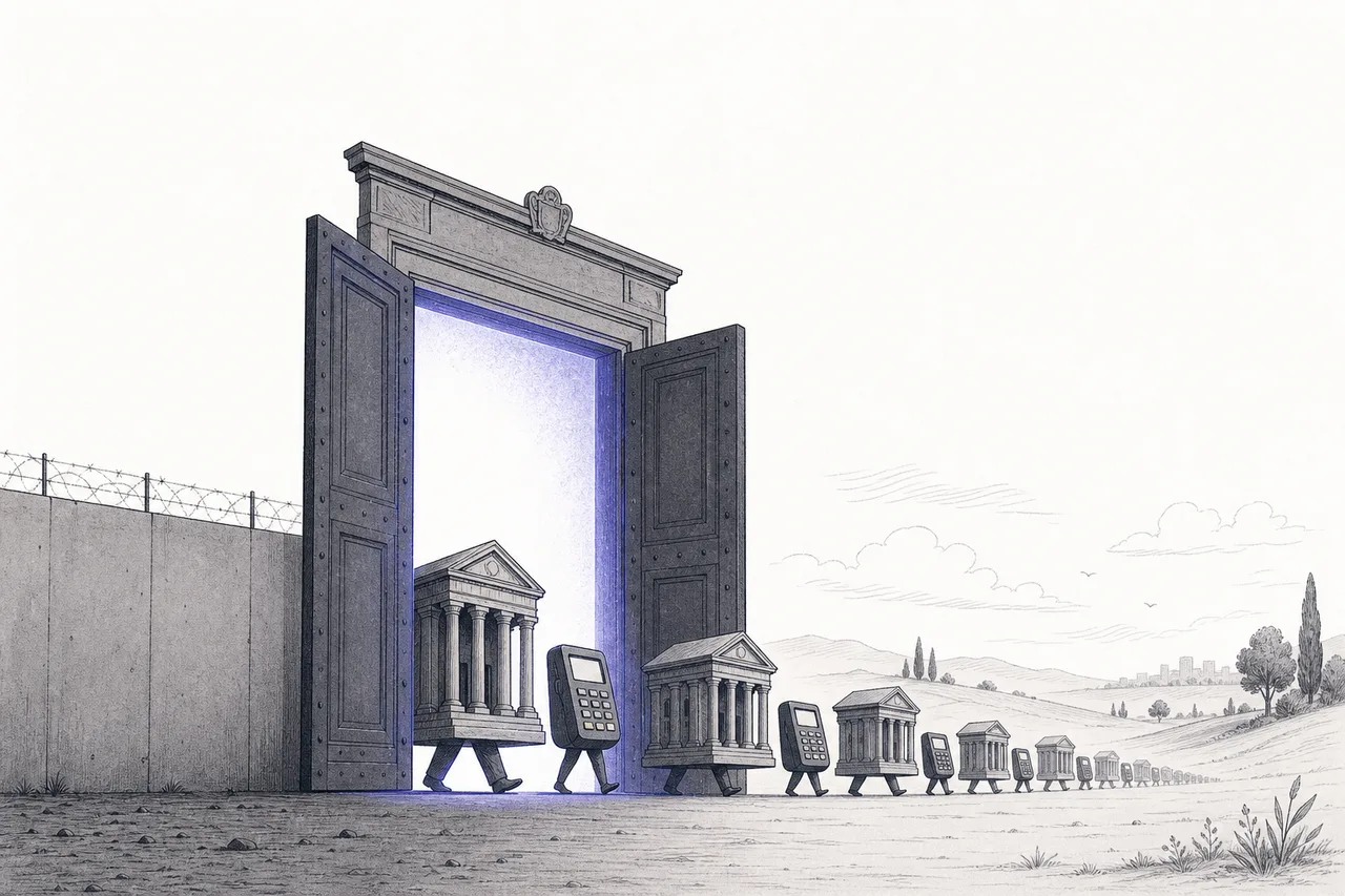 A large door that has just swung open, with giant banks and credit-card companies lined up to enter the digital-dollar market that was once a closed space