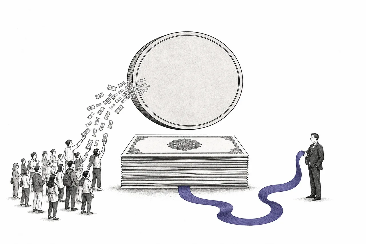 A giant digital dollar coin floats above a pile of government bonds, with money streaming in from people around the world and a beam of interest flowing back to the issuer